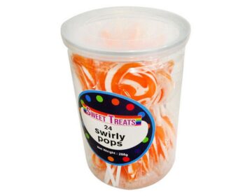 Sweet Treats Lolly Bulk 6 x (24x12g tub) Small Swirly Pops 4cm wide Orange