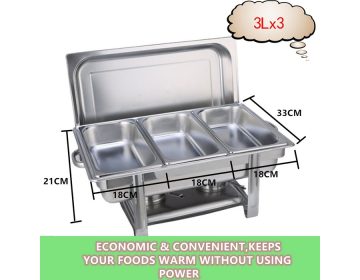Bain Marie Chafing Dish Warmer (3x3L) SS Silver